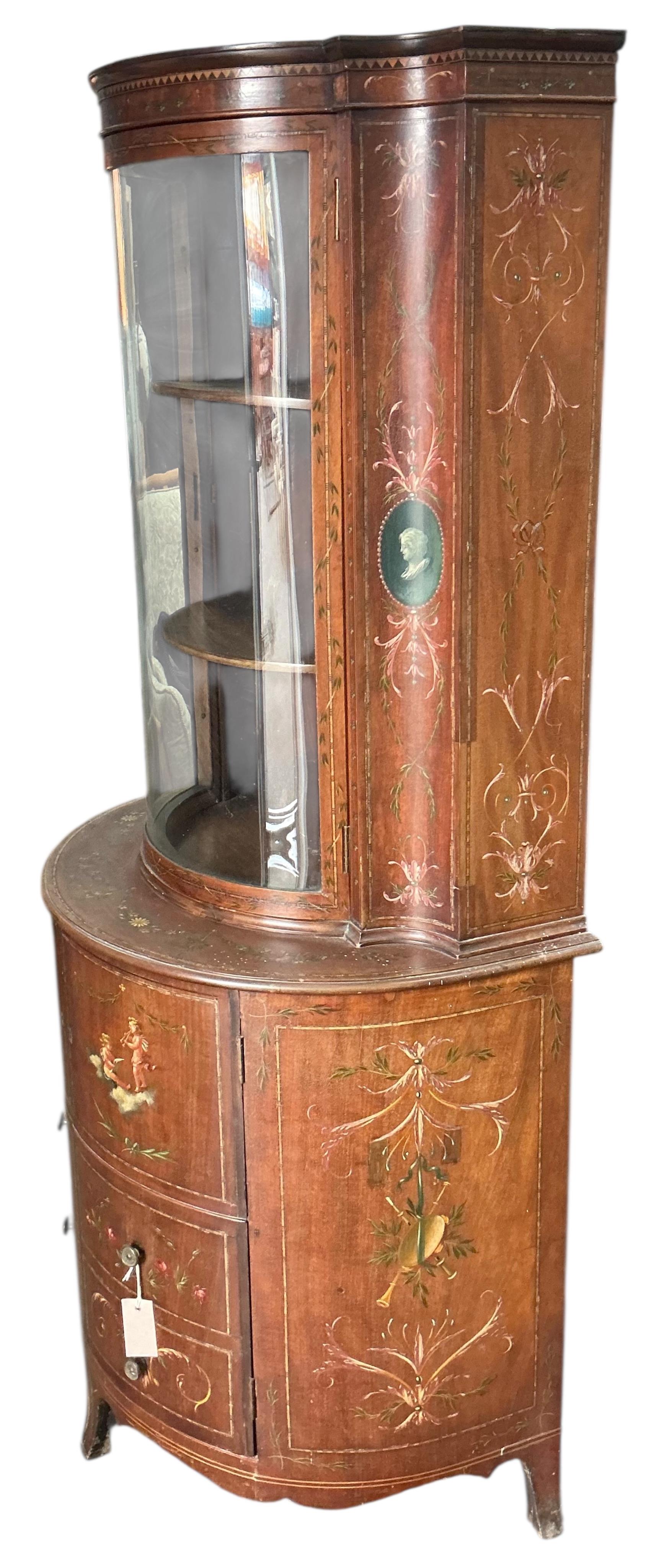 An Edwardian Sheraton Revival painted mahogany bow front display cabinet, width 70cm, depth 48cm, height 158cm